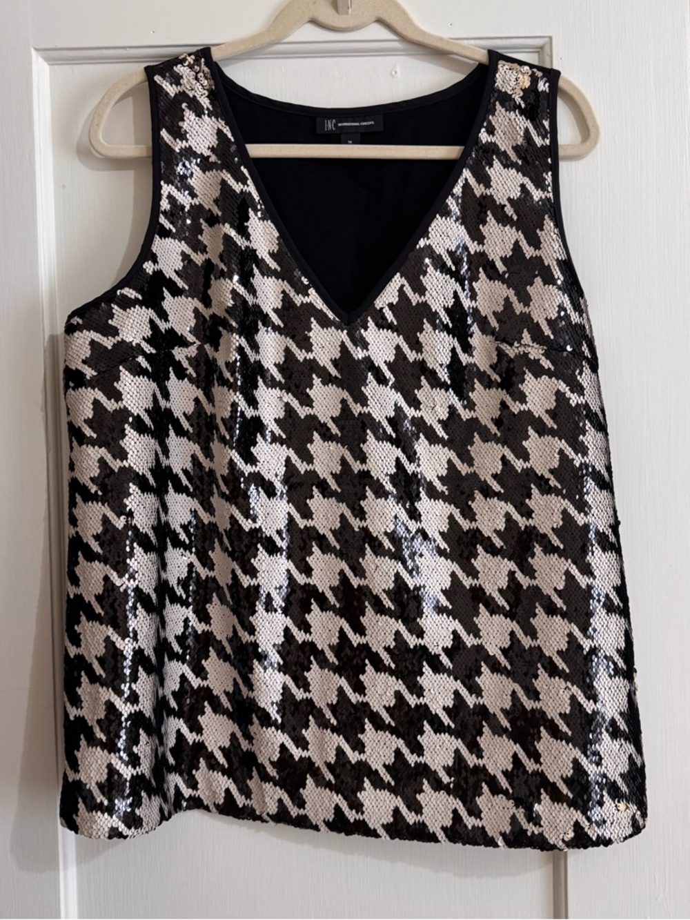 INC International Concepts Black and White Houndstooth Sequin V-Neck Tank
